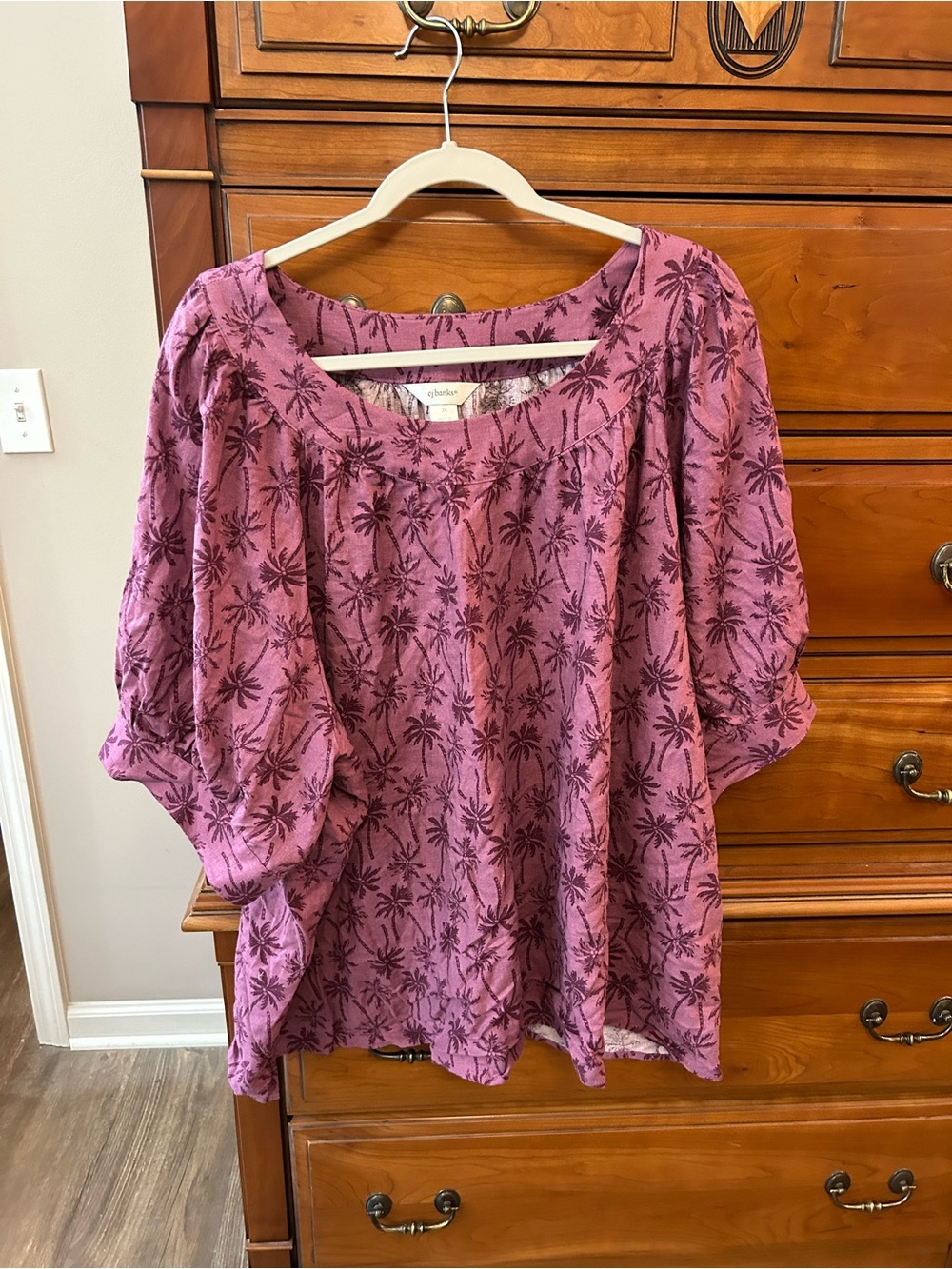 CJ Banks Pink Palm-Print Peasant Blouse